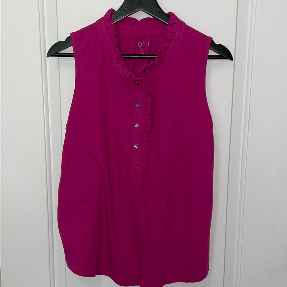 LOFT Pink Sleeveless Ruffled Blouse with Mandarin Collar